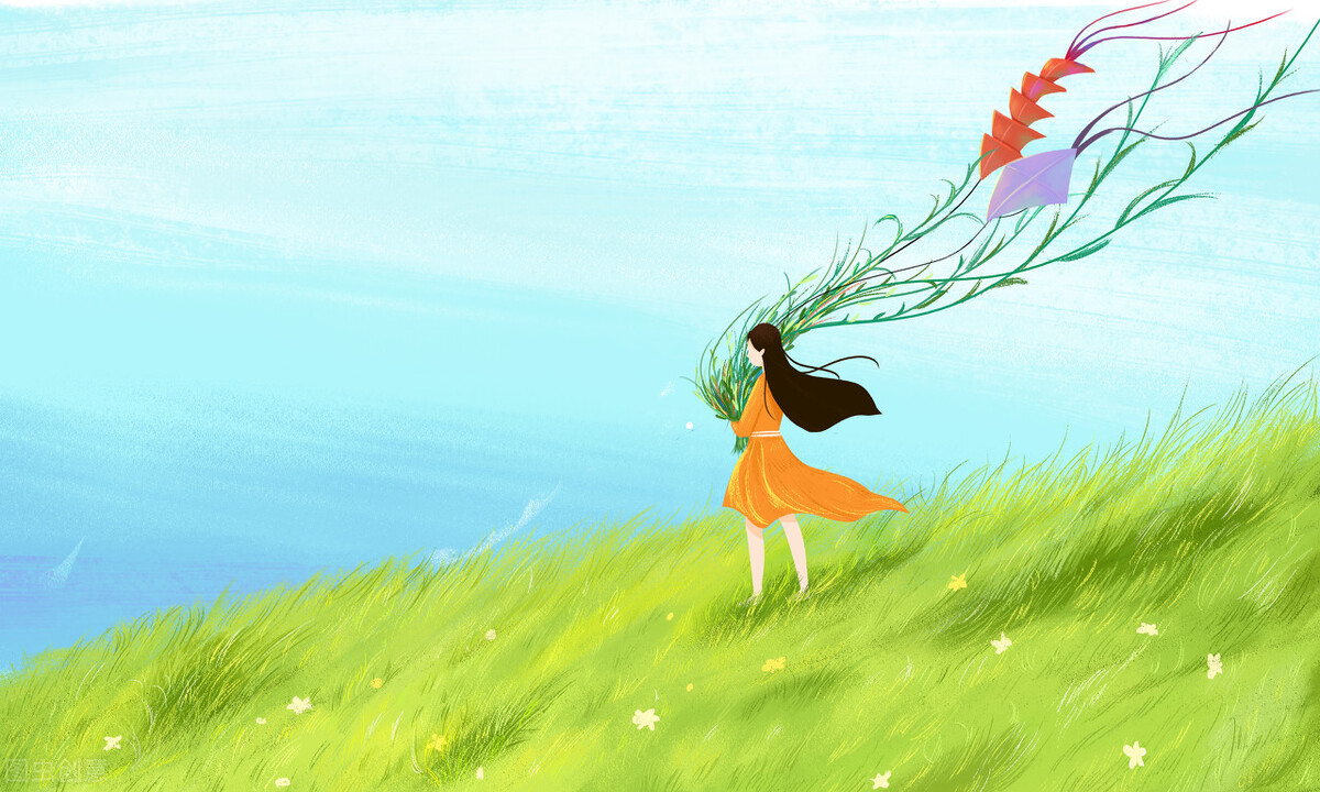 绘画了女孩迎风抱花草站立草地的场景,整体以卡通插画的形式呈现.