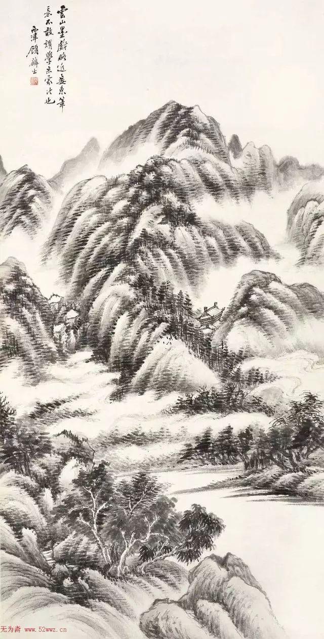 近代著名画家顾鹤逸山水，涵濡功深，笔多逸气，