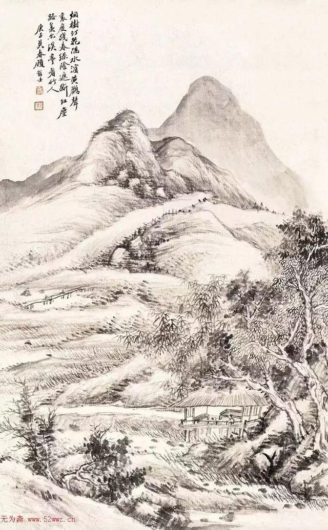 近代著名画家顾鹤逸山水，涵濡功深，笔多逸气，