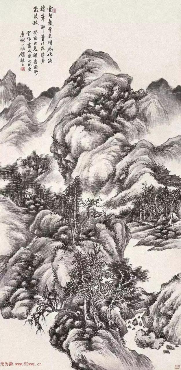 近代著名画家顾鹤逸山水，涵濡功深，笔多逸气，