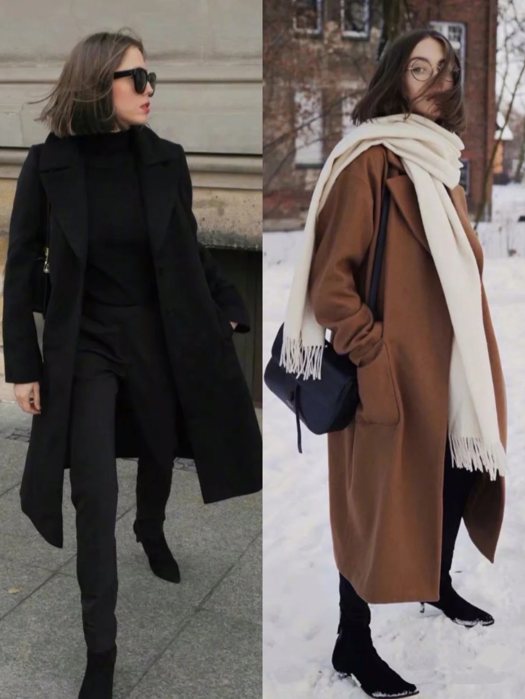 冬季穿搭黑白灰驼大衣时，还是搭黑色内搭最经典，怎么穿都不过时