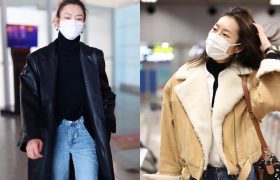 刘雯两套机场私服，黑色长皮衣和米色夹克，时尚保暖又潮流