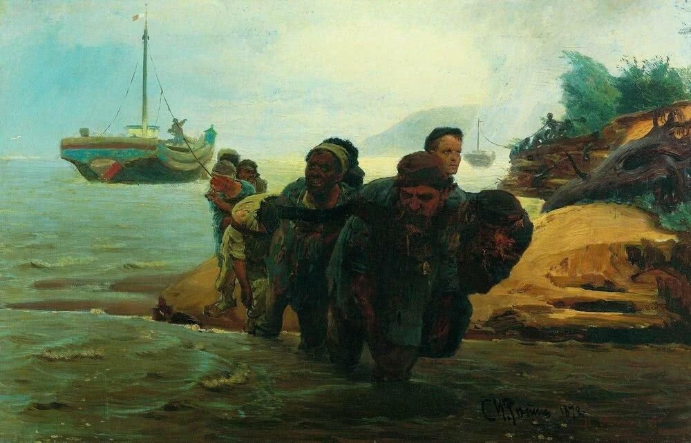 《伏尔加河上的纤夫》：指挥水手病患军官，伸出右脚见证生活重担