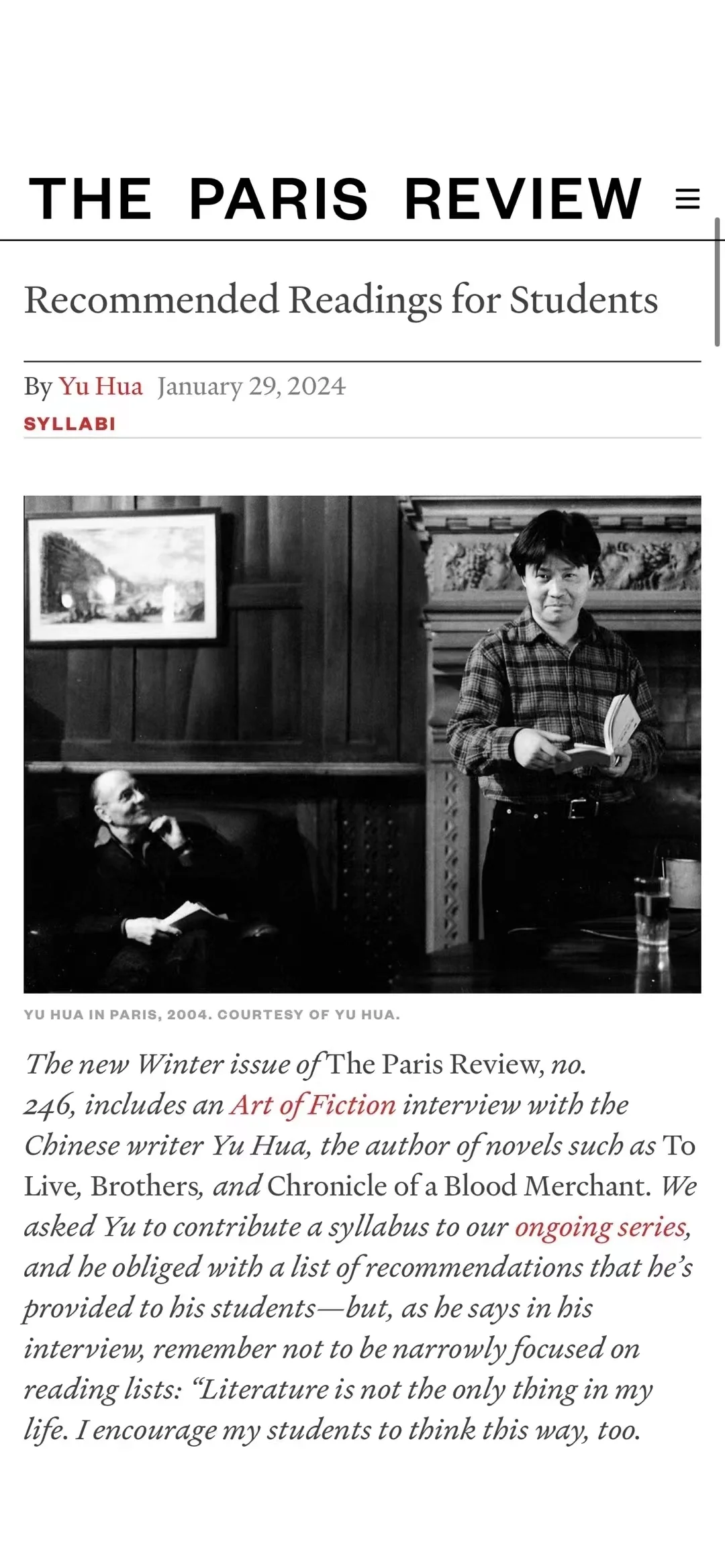 1月29日，《巴黎评论》（The Paris Review）刊发了一份余华给学生的推荐读物